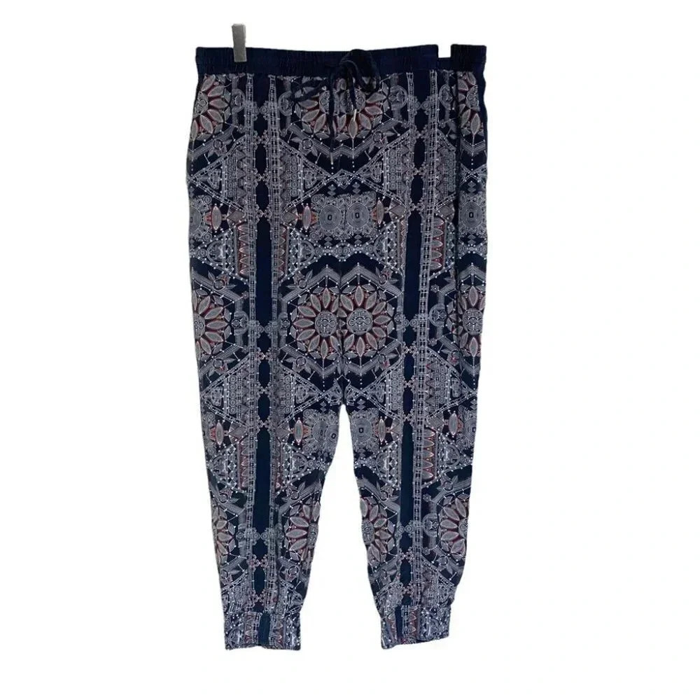 Silk Jogger Pants Navy Blue Geometric Mandala Drawstring Elastic Waist Boho